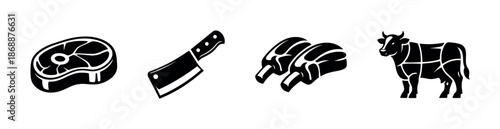 Butcher shop vector icons set. meat cutting and steak symbols