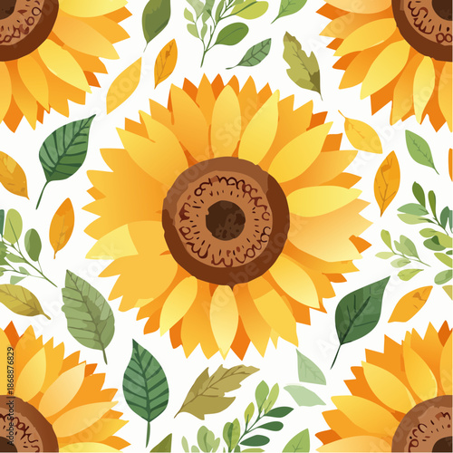 Sunflower watercolor bursts with warm yellow pigments and russet tones, rich earthy greens seamless pattern
