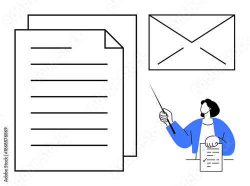 Large document, envelope, and person holding smaller paper while pointing with stick. Ideal for education, business communication, document review, presentation, teaching, training simple flat