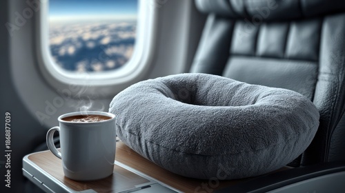 Cloud nine comfort beckons cozy blank travel neck pillow on an airplane seat, next to a steaming mug of cocoa dreams