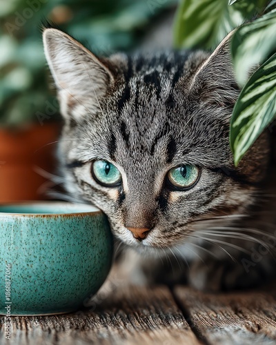 Tabby cat with piercing emerald eyes sniffs a teal blue mug resting on a weathered wooden table