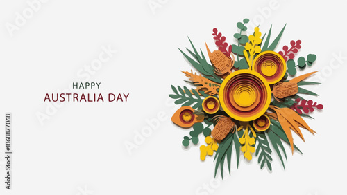 Colorful paper cut flowers and leaves celebrating Australia Day with copy space for text
