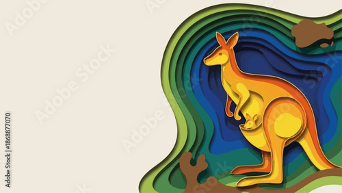 Colorful kangaroo illustration with a festive mood representing Australia Day celebration against a vibrant paper cut background with copy space