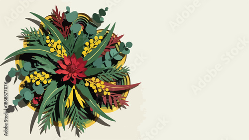 Colorful paper cut style floral arrangement with vibrant greens and reds against a neutral background, perfect for Australia Day festival posters with copy space.