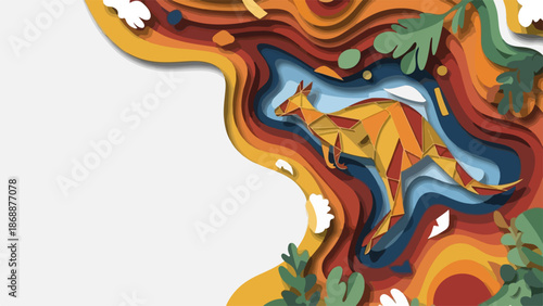 Colorful paper cut style kangaroo amidst vibrant abstract shapes with copy space for Australia Day festival poster