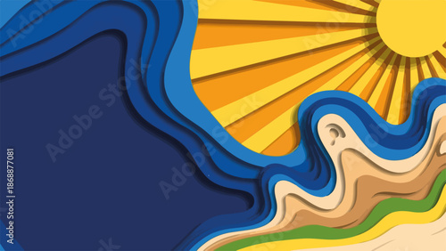 Colorful paper cut landscape with playful waves and sun representing summer vibes with copy space for Australia Day festival poster
