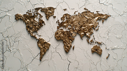 Abstract World Map Shaped in Cracked Brown Texture on White Background
