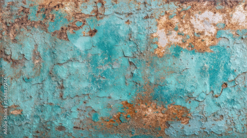 Fototapeta premium Aged turquoise and rust textured wall surface with peeling paint.