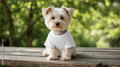 Adorable Yorkshire Terrier posing on wooden picnic table, wearing blank white pet t-shirt in sunny park