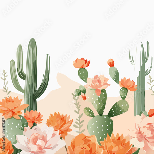 Watercolor desert florals with coral cactus blooms, sage + sand-toned washes, boho seamless pattern
