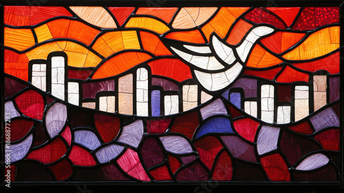 Colorful Stained Glass Window Depicting Peaceful Landscape with Dove