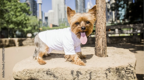 Playful Yorkshire Terrier showcasing blank pet shirt enjoys a sunny day in the Park