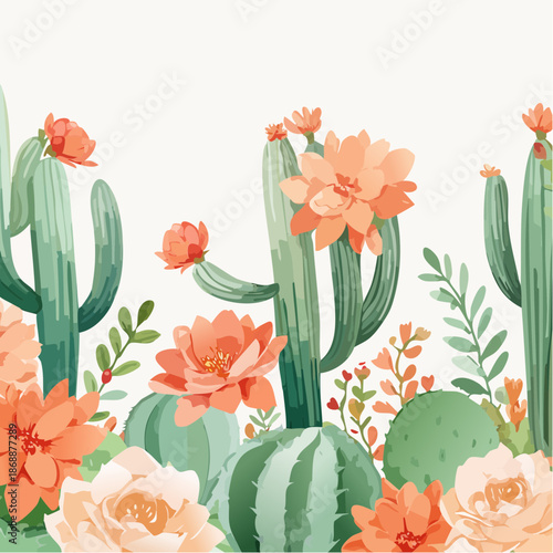Watercolor desert florals with coral cactus blooms, sage + sand-toned washes, boho seamless pattern
