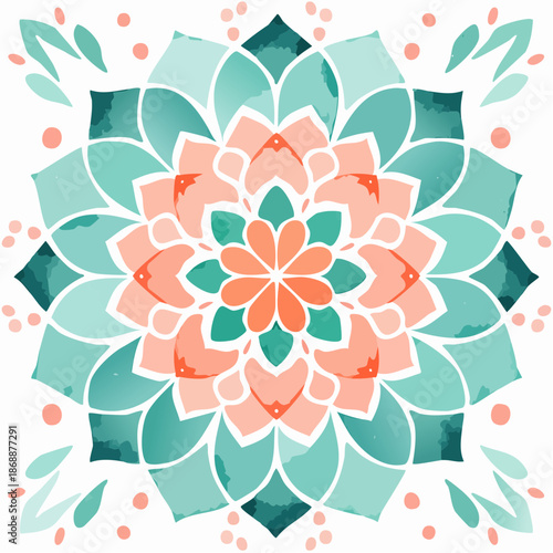 Watercolor mandala florals with layered petal washes, mint green + bright coral blending seamless pattern