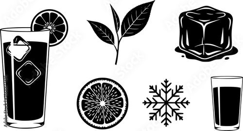 Silhouette icons: refreshing iced tea, leaf, ice cube, citrus, snowflake, beverage
