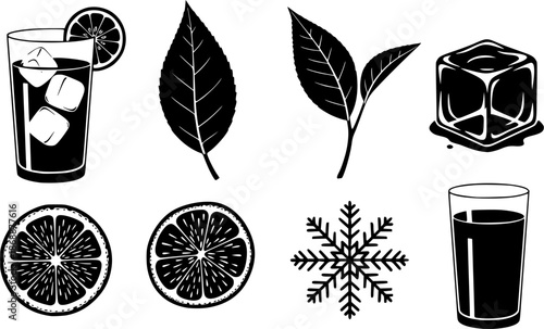 Silhouette icons: refreshing iced tea, leaf, ice cube, citrus, snowflake, beverage
