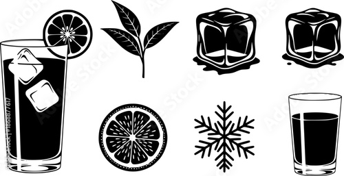 Silhouette icons: refreshing iced tea, leaf, ice cube, citrus, snowflake, beverage
