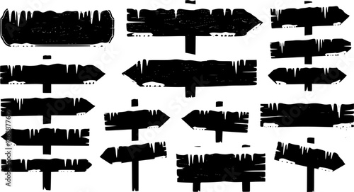 Wooden signs with snow and ice, winter season design elements
