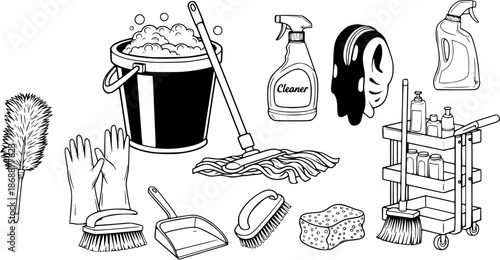 Cartoon illustration of cleaning supplies and equipment on a white background

