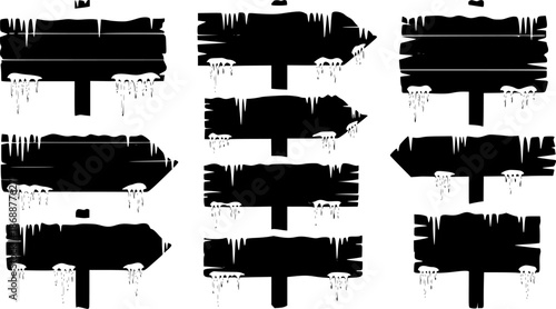 Wooden signs with snow and ice, winter season design elements
