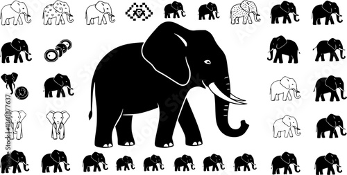 Elephant icons set: varied styles including doodle, pixel, and silhouette designs

