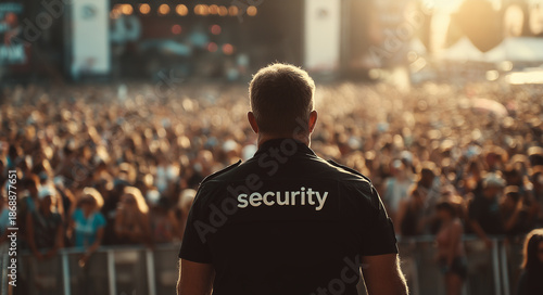 Security guard standing in front of a massive crowd at an outdoor music festival during golden hour, monitoring public safety and event security for large scale concerts