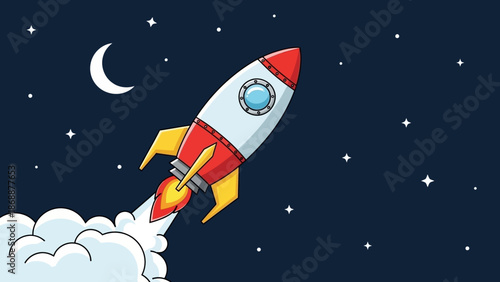 Cartoon rocket launching into space with fiery exhaust.
