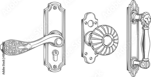 Vintage Door Hardware Illustrations: Lever, Knob, and Handle Designs
