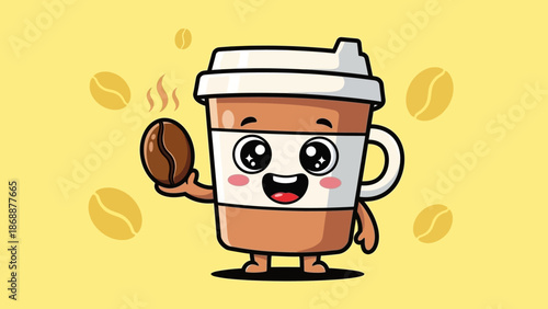 Cute cartoon coffee cup character holding a coffee bean.