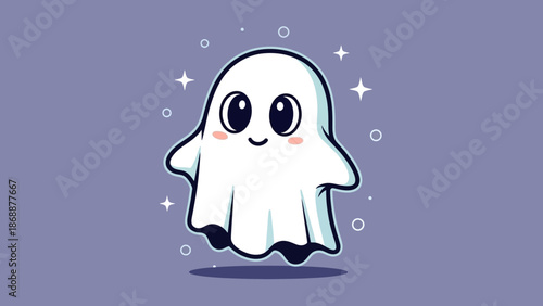 Cute Adorable Ghost Cartoon Character Floating with Sparkles.