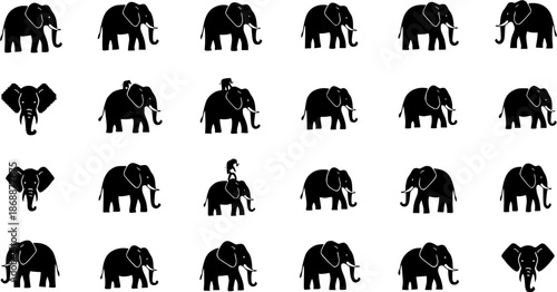 Elephant icons set: varied styles including doodle, pixel, and silhouette designs
