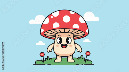 Cute Cartoon Mushroom Character Standing Happily.
