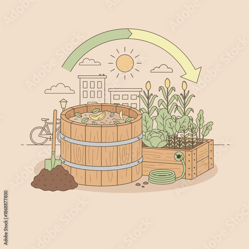 Urban Composting Cycle Illustration for Sustainable City Gardening