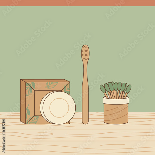 Zero Waste Personal Care Set: Bamboo Toothbrush, Soap Bar, and Swabs.