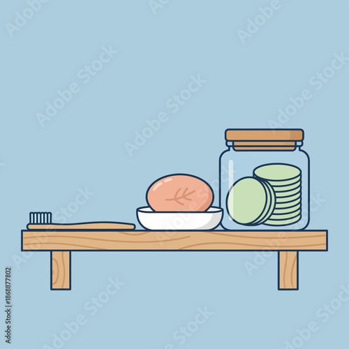 Sustainable bathroom products, toothbrush, soap, and savings jar illustration.