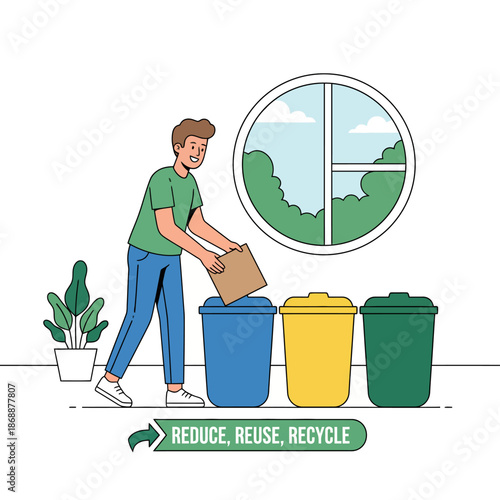 Man putting cardboard into a blue recycling bin illustration