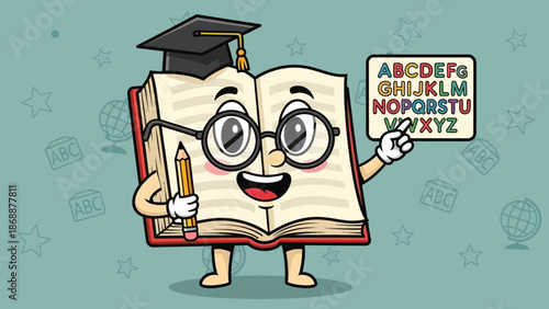 Happy cartoon book character with graduation cap and alphabet board.