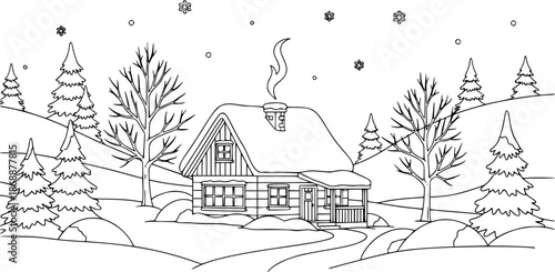 Cozy winter cabin in snowy landscape for coloring pages or decorations
