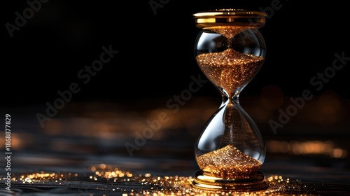 Golden Hourglass with Glittering Sand on a Dark Background, Symbolizing Times Passage and Precious Moments.