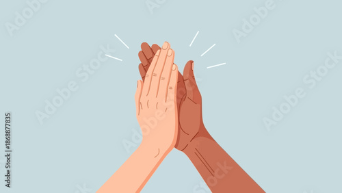 Diverse hands high five showing teamwork and success.