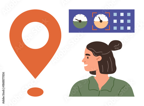 Navigation, time management, location tracking, scheduling, technology, user interface design. Geolocation marker, woman looking sideways and timers with grid icons. Navigation and time management