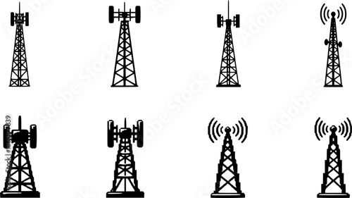 Set of wireless signal tower icons in silhouette and pixel art styles

