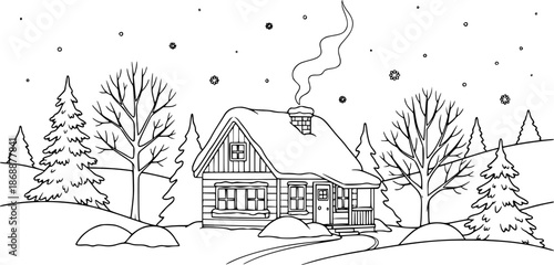 Cozy winter cabin in snowy landscape for coloring pages or decorations
