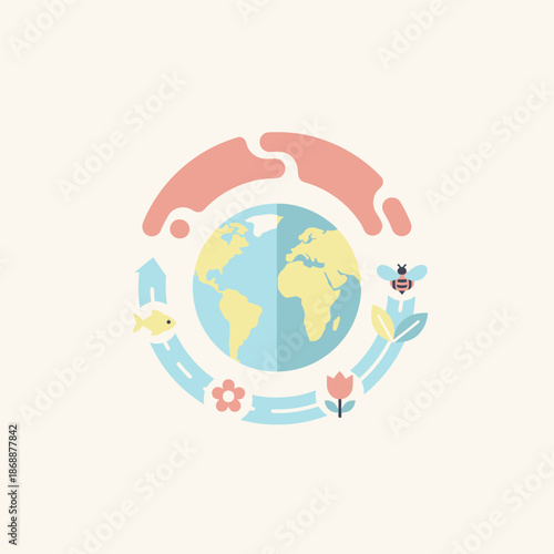 Biodiversity and ecological cycle around the Earth globe. Flat vector icon.