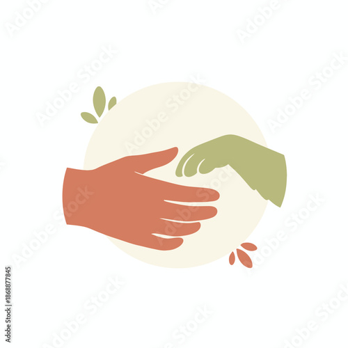 Two stylized hands reaching toward each other in earthy colors