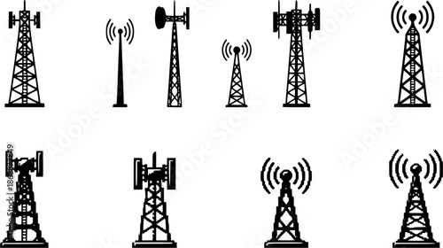 Set of wireless signal tower icons in silhouette and pixel art styles
