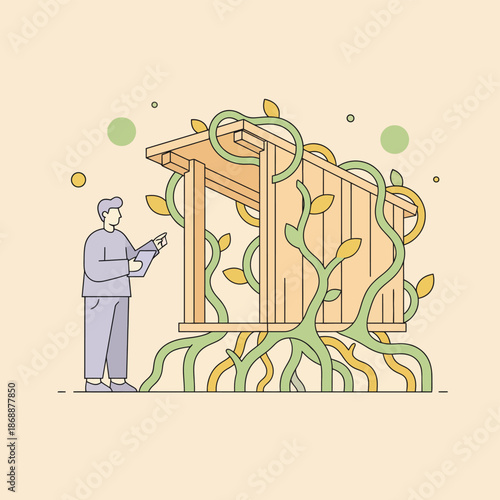 Man inspecting wooden shelter being overgrown by nature vines and roots
