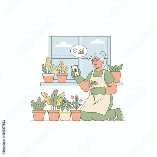 Woman using smart app to monitor indoor plant growth