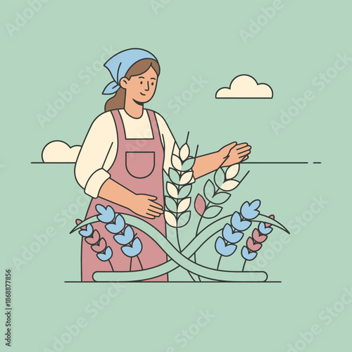 Female farmer touching wheat crop in a stylized pastel field illustration