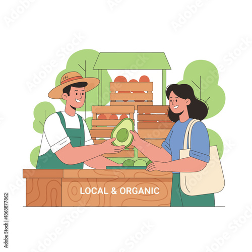 Farmer Sells Organic Avocado to Customer at Local Farm Stand Illustration